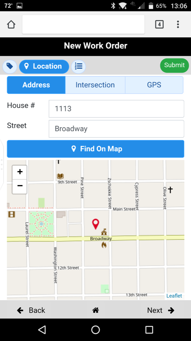 Workdera location entry with address, intersection, GPS, and map options