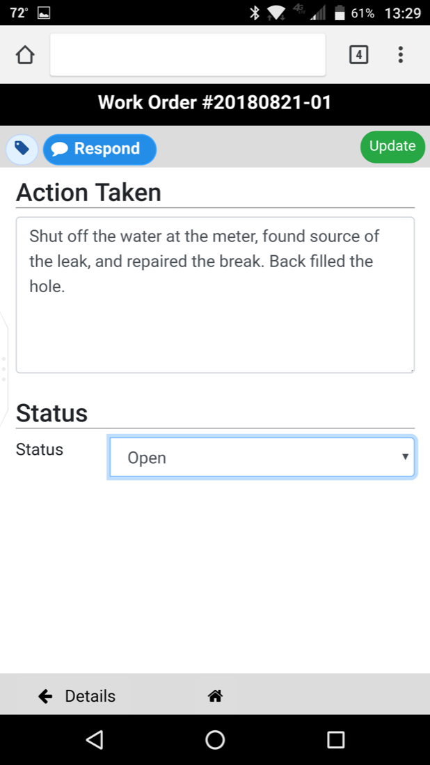 Workdera response and status update screen